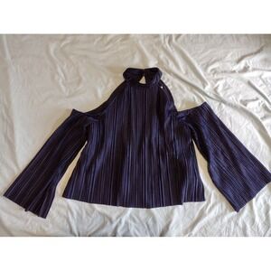 JOA Navy Blue Pleated Cold‎ Shoulder Tie Neck Blouse Top Size L